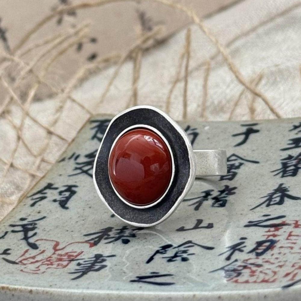 

PANJBJ 925 Silver Red Agate Ring For Women Geometry Vintage Punk Matte Adjustable Jewelry Party Gift Dropshipping