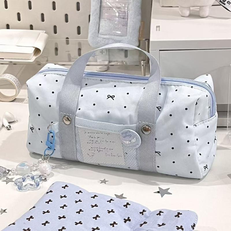 New White Blue Color Star Polka Dot Tote Pencil Case Ins Style Cute Pen Bag For Student Large Capacity Stationery Organizer Bag
