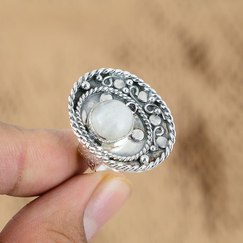 Natural Rainbow Moonstone Gemstone 925 Silver Promise Adjustable Ring For Women
