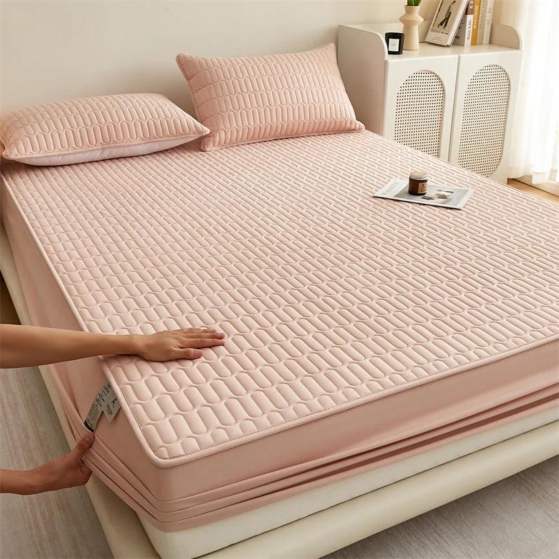 1 PC Waterproof Bedcover Fitted Sheet Bed Mattress Cover Thickened Quilted Soft Comfortable Breathable Solid Color Bedding Mattress Cover