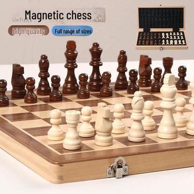 Large Foldable Solid Wood Magnetic Chess Set with Extra Queens – Educational Board Game for Adults and Children