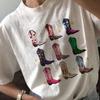 Hot Sale 2026 Western Boot Graphic Tops Tees Women Loose Vintage Boho T-shirt Unisex Casual Harajuku Hip Hop T-shirt Print Crew Neck Casual T Shirt
