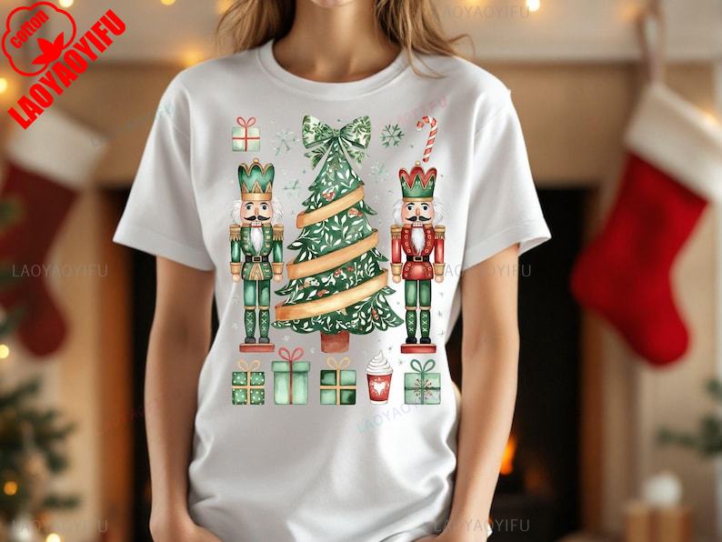 Skurrile Weihnachts-Leprechauns Nussknacker-Freunde Retro Grün Damen T-Shirt Süße Cartoon-Oberteile T-Shirt Baumwollhemd Kurze Oberteile