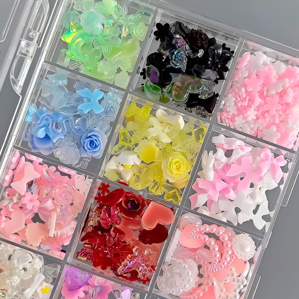 Hot Selling 12-Grid Red Butterfly Strawberry Heart 3D French Nail Art Decoration Plastic Alloy Resin Rhinestones Accessories