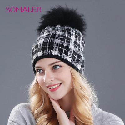 Fashion Knitted Skull Gem Beanie Hat With Detachable Real Fur Pompom Winter Wool Women Knitted Beanie Hat