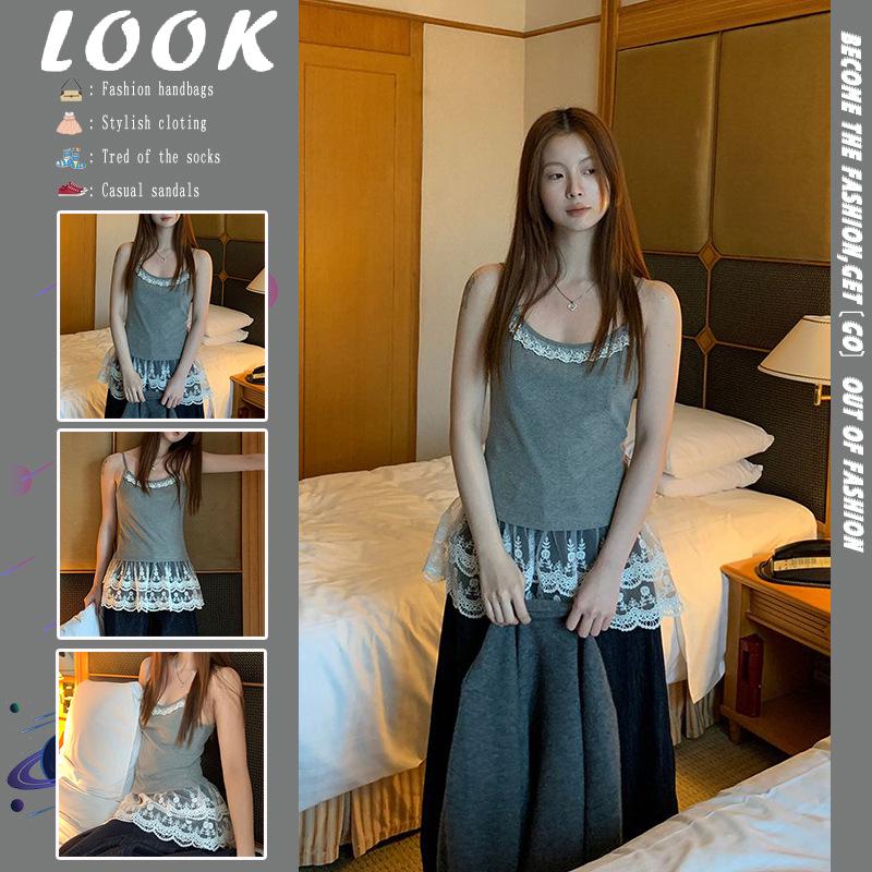 

Women s White Lace Patchwork Sleeveless Camisole for Spring & Autumn 2025 S сірий колір