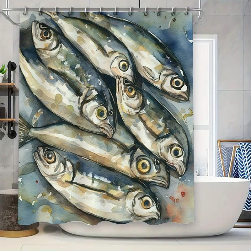 

High-Quality Fish Painting Shower Curtain Waterproof Bathroom Decor Artistic Blue And White Print Home Decoration Wall Hanging W60H190(CM)-1 Pcs