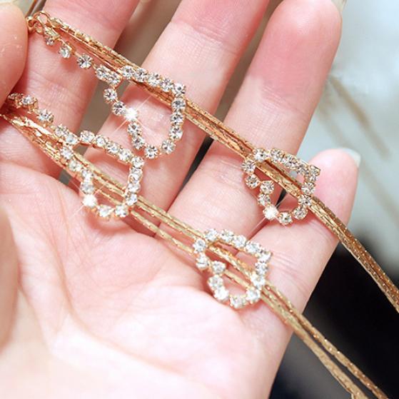 Lady Rhinestone Double Love Heart Drop Long Tassels Chain Dangle Linear Earrings