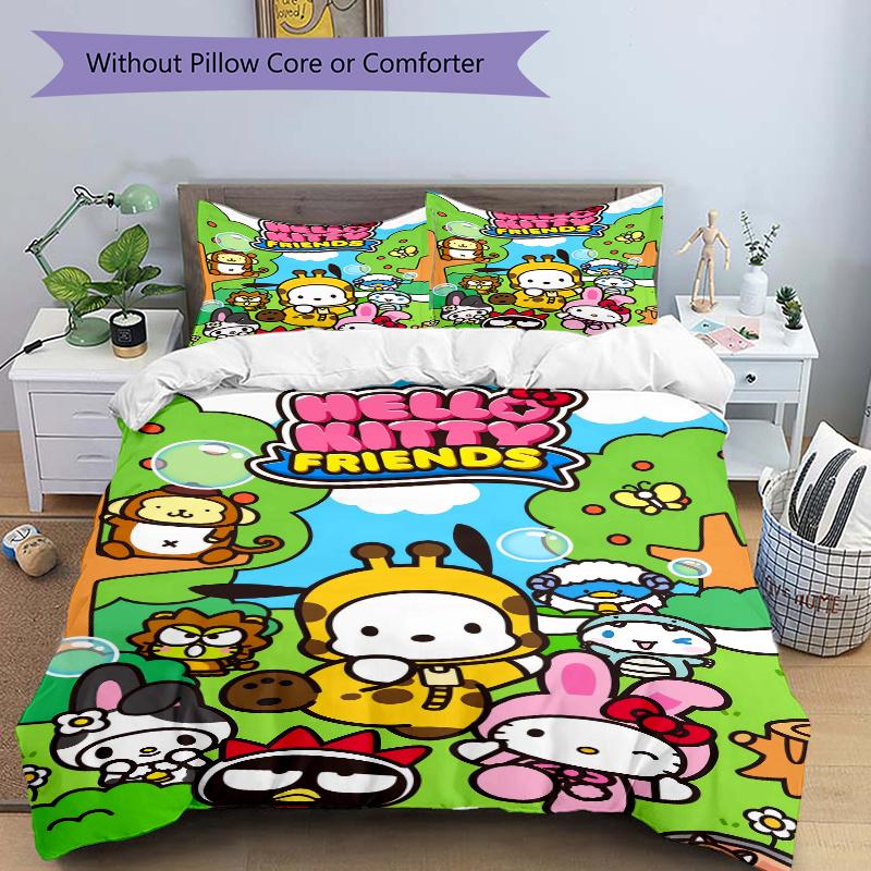 3pcs Hello Kitty Friends Print Bedding Set (1 Cover + 2 Pillowcases, Without Inserts), Soft and Comfortable W041