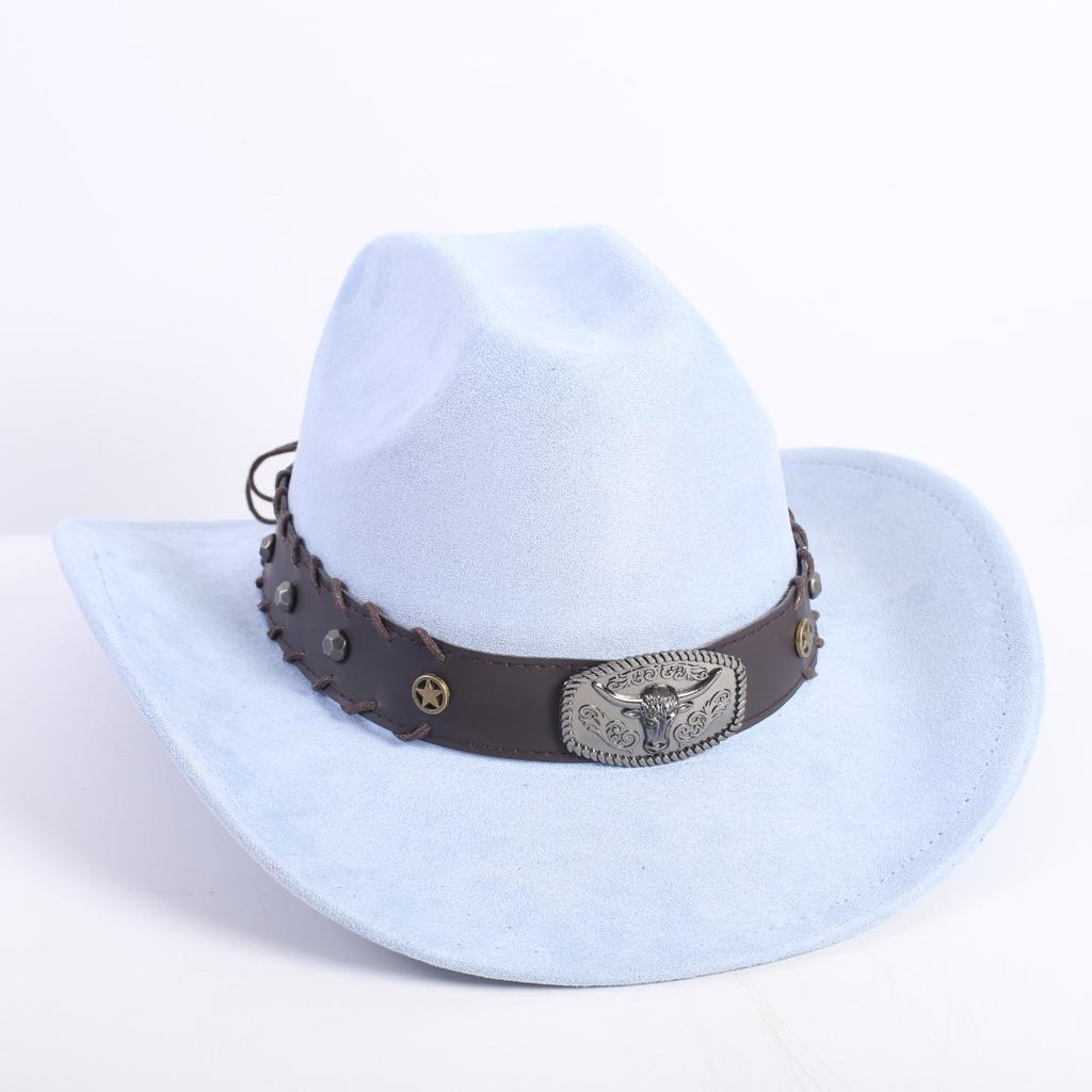 New western cowboy hat men's and women's wide-brimmed top hat bull head rivet belt buckle sun hat