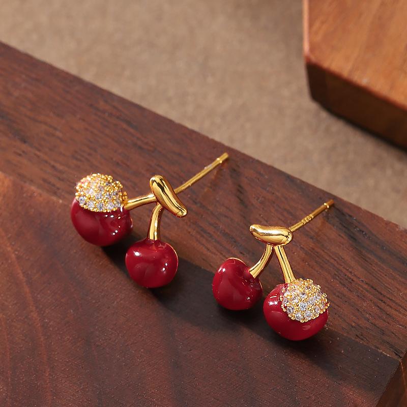 Stylish exquisite sweet red oil dripping cherry stud earrings light luxury simple small fresh earrings niche design earrings