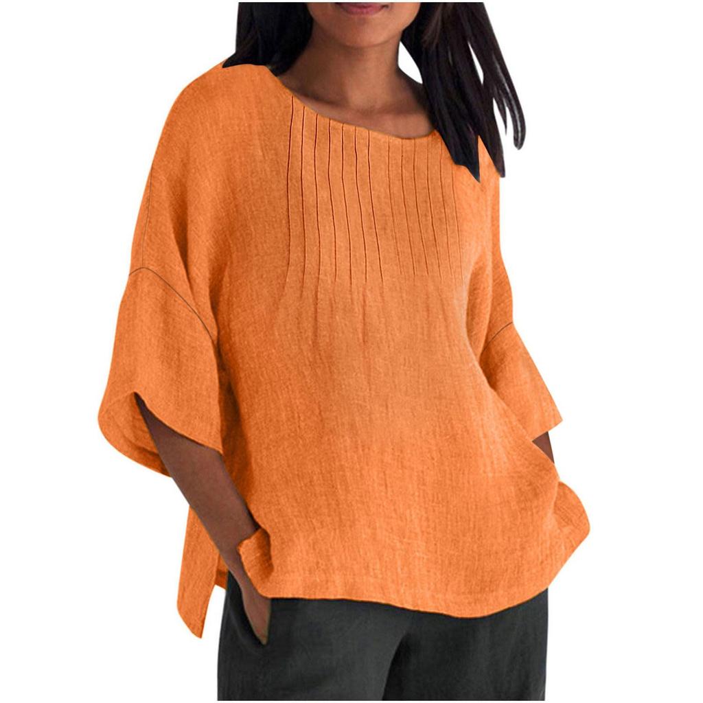 Seven Quarter Sleeve Pleated Round Neck Top Cotton and Linen Women’s Blouses & Shirts