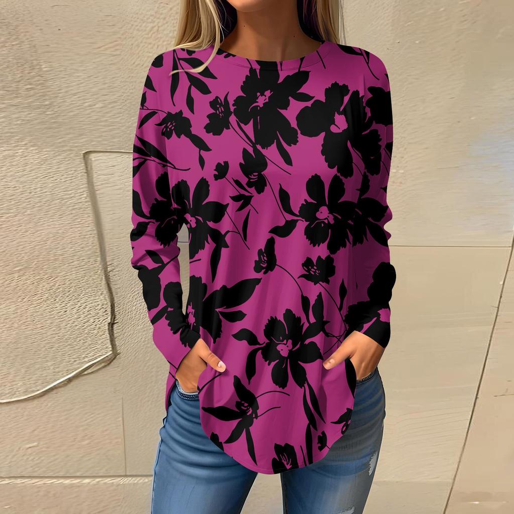 Women's Loose Casual Flower Printed Round Neck Long Sleeved T Shirt Top Pullover Long Sleeved Sweatshirt