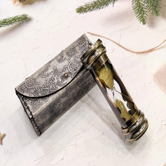 15,24 cm Klepsydra, Mosiężny klepsydra, Mosiężna figurka, Dekoracje domu, Mosiężny kompas, Skórzane etui, Prezent ślubny