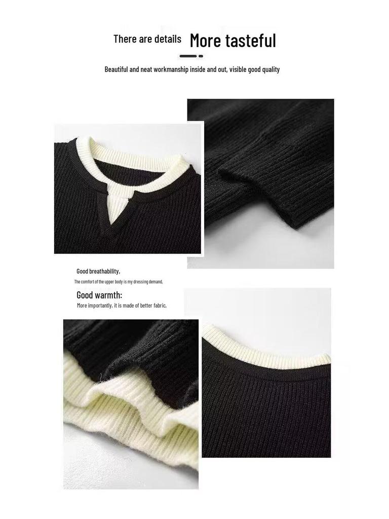 Men's Trendy Hong Kong Style Patchwork Sweater - Winter Round Neck Old Money Knitwear Casual Base Layer