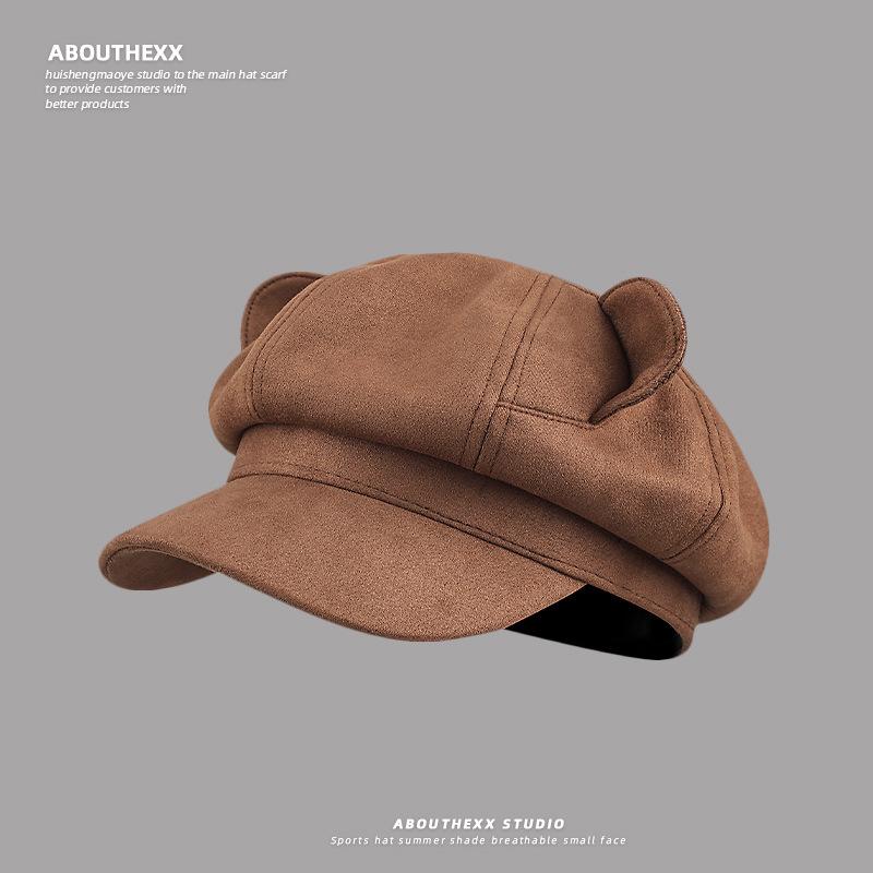 New Cute Little Bear Ear Hat Women's Suede Octagonal Hat  Looks Good On The Face In Autumn and Winter  Small and Versatile Beret Trend