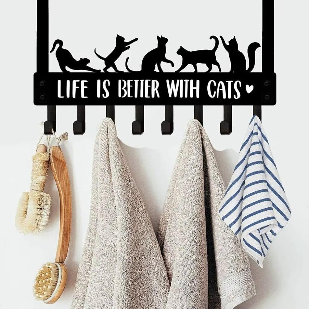 8 Pack Gothic Cat Shaped Wall Hooks for Clothes Towels, Black Metal Coat Rack