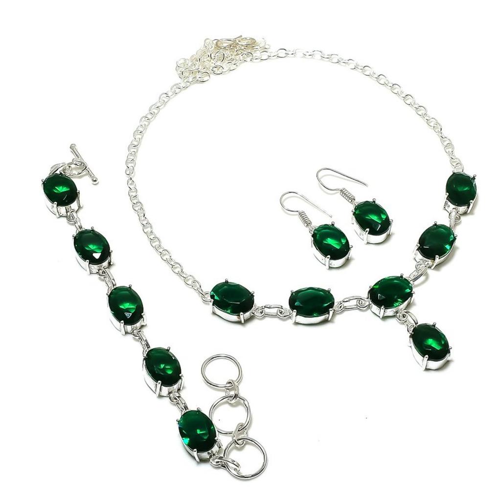 Chrome Diopside Oval Gemstone Solitaire Jewelry Set Necklace Bracelet Earrings