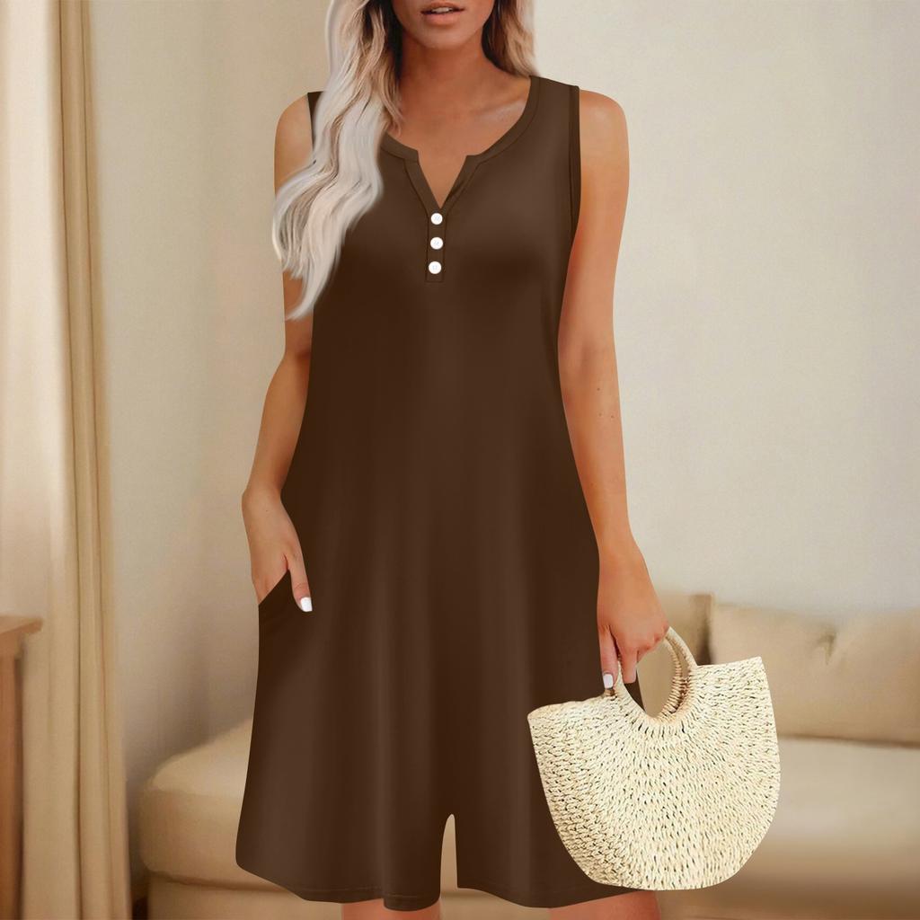 Women's Fashionable And Casual Sleeveless Button-pocket One-piece Shorts
