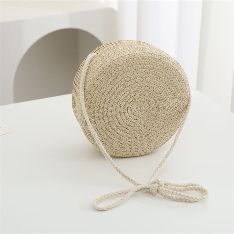 Summer Solid Color Straw Bag Shoulder Messenger Round Bag Children Versatile Outing Beach Bag Light Board DIY Round Weaving