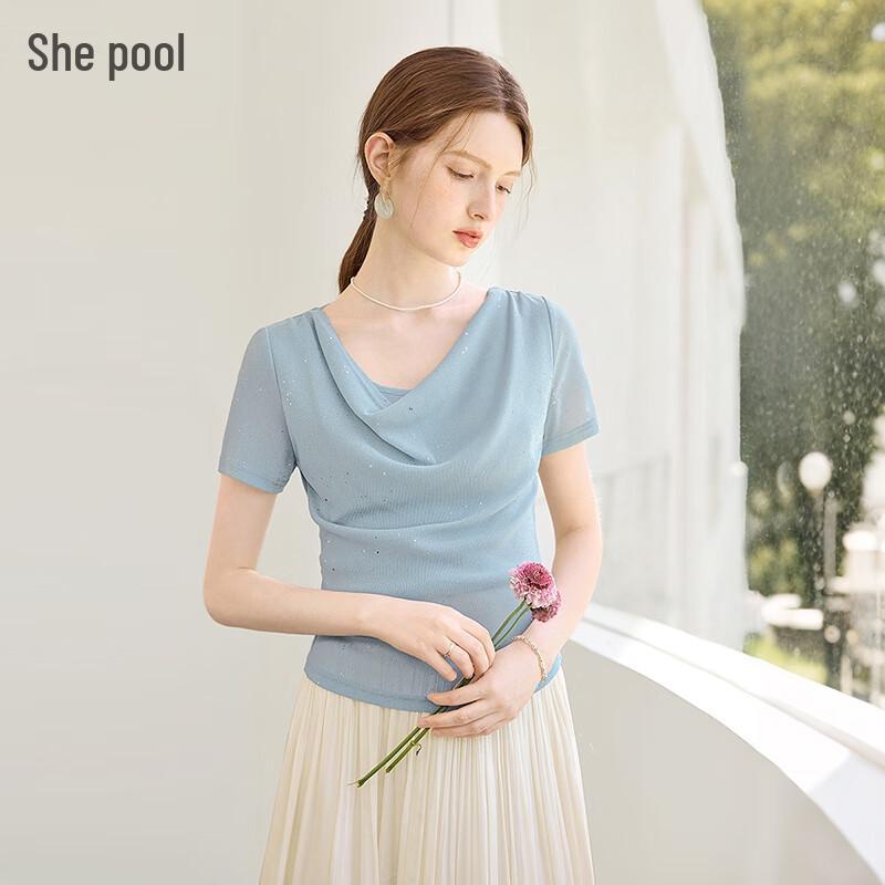 She Pool Silver Women s Elegant Drape Neck Short-Sleeve T-shirt XL