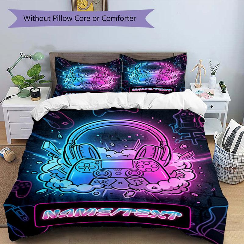 3PC Custom Name Gamer Neon Vibes Bedding Set Printed Bedding Set Duvet Cover Closure Includes 1 Duvet Cover & 52 Pillowcases for Bedroom