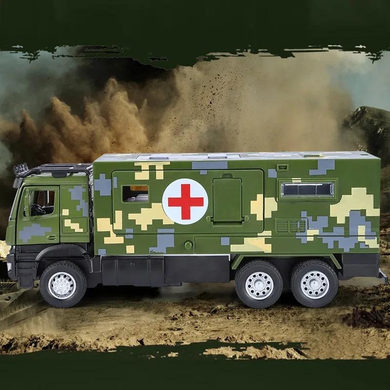 1/32 Injection Molding Military Multifunctional Vehicle Medical Sound and Light Mainan Pullback Car Boy Gift