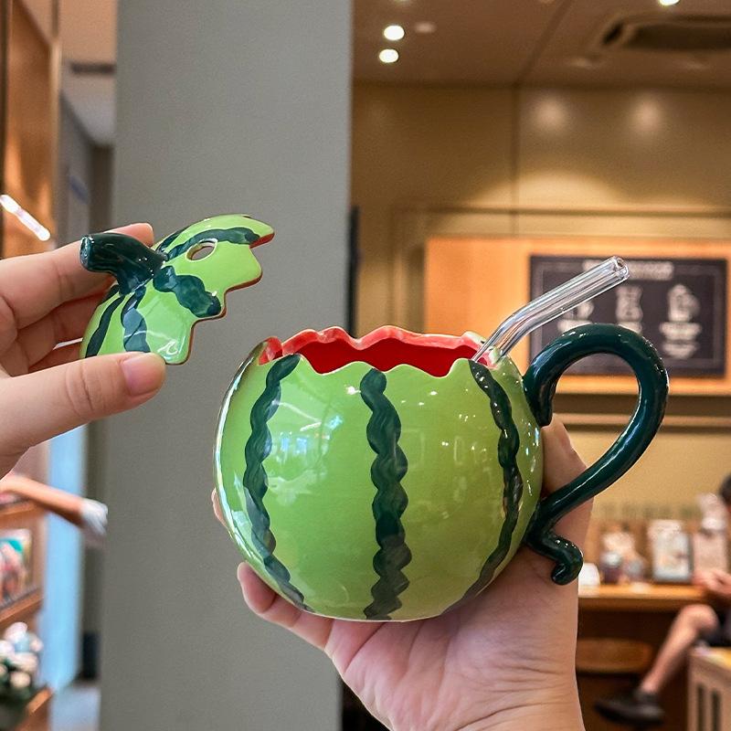 Cute and funny watermelon straw cup, girls' high-value ceramic mug with lid, birthday gift box.