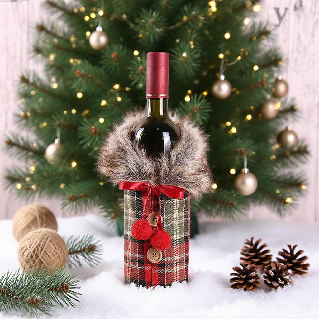 Mingguan Christmas Plaid Fur Collar Wine Bottle Cover & Bag