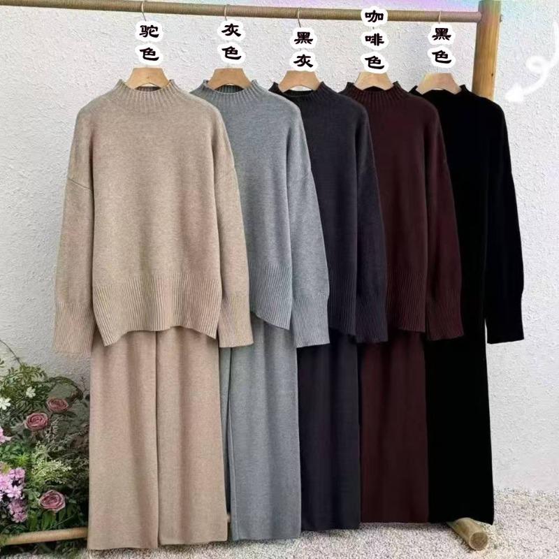 Semi-turtleneck knitted sweater wide-leg pants set women's solid color lazy wind large size loose sweater women's two-piece set