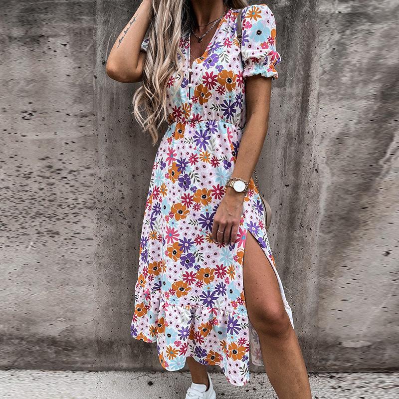 Spring and Summer Printed Short-sleeved V-neck Cinched Waist Slit Dress for Women