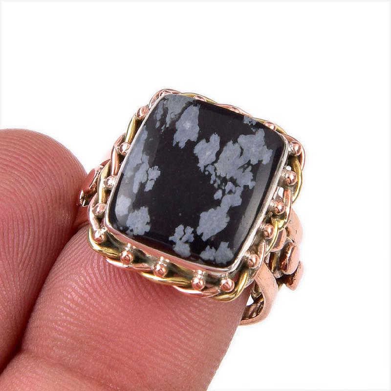 

Natural Snowflake Obsidian Gemstone 925 Sterling Silver Two Tone Ring S.7 R5z78