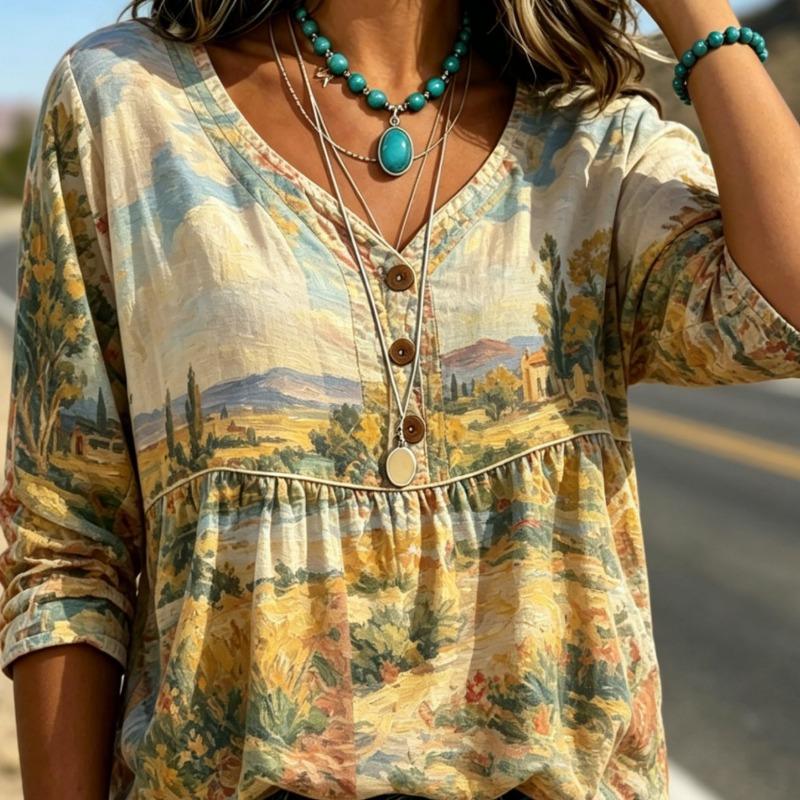 Women S V Neck Printed Loose 3 4 Sleeve Casual Top