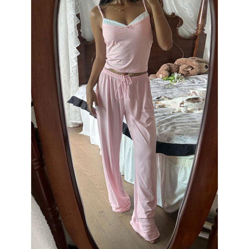 Cnyishe Sweet Style Gyaru V-neck Cami Elastic Band Wide Leg Pants Soft Glutinous Comfortable Home Style Two-piece Set