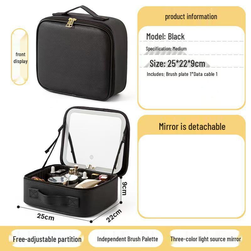 Портативный светодиодный кейс для макияжа большой вместимости с зеркалом и многосекционным хранением 25*22*9