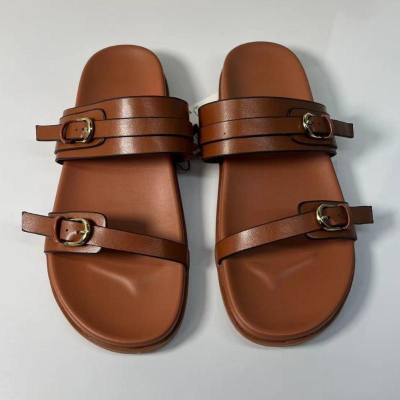 Mote Utendørs Sommer Strand Tøfler for Kvinne Rund Tå Mote Metallspenne Kvinnelige Flate Sko Myk Såle Lær Damer Sjøside Slides