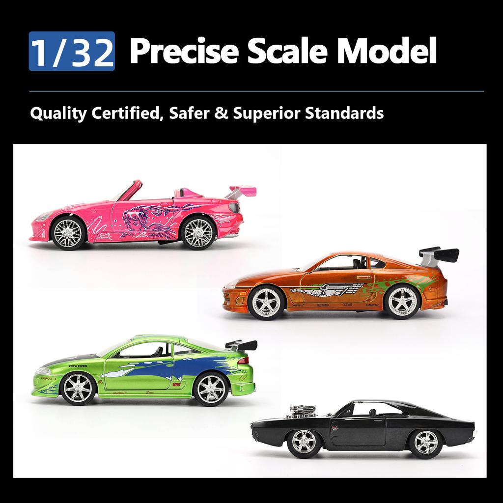 JADA Fast & Furious 25th Anniversary 1:32 Die-cast Collection–Mitsubishi Eclipse/Toyota Supra/1970 Dodge Charger/Honda S2000