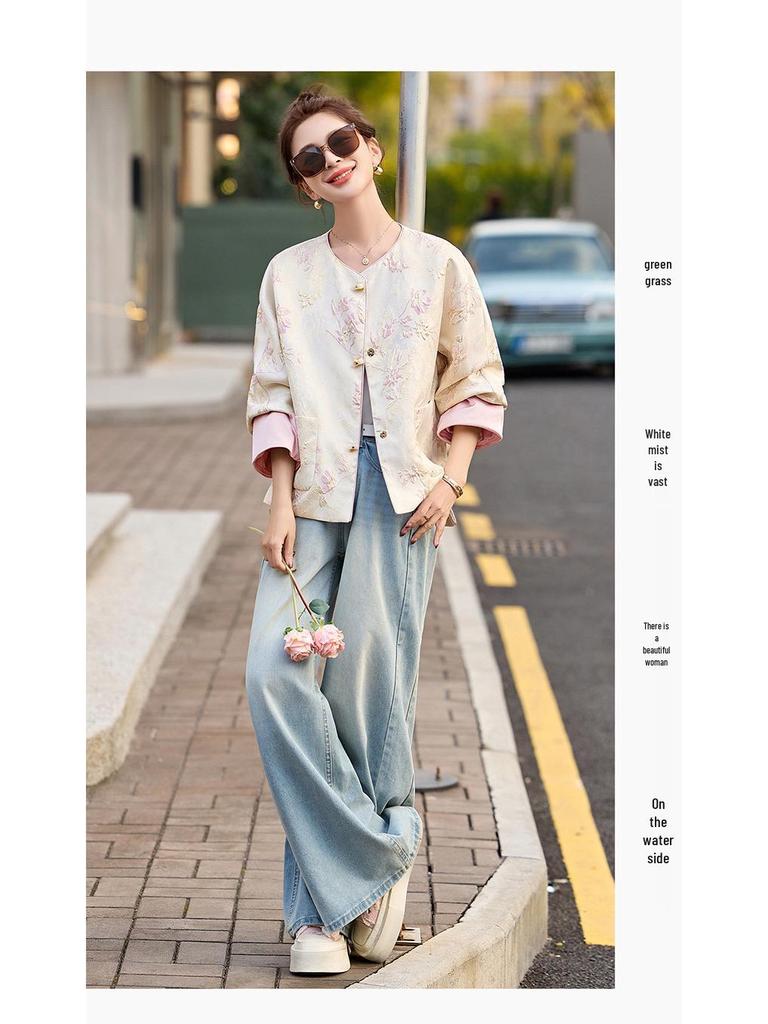 Retro Chinese Jacquard Frog Button Round Neck Jacket - Spring 2025 Collection