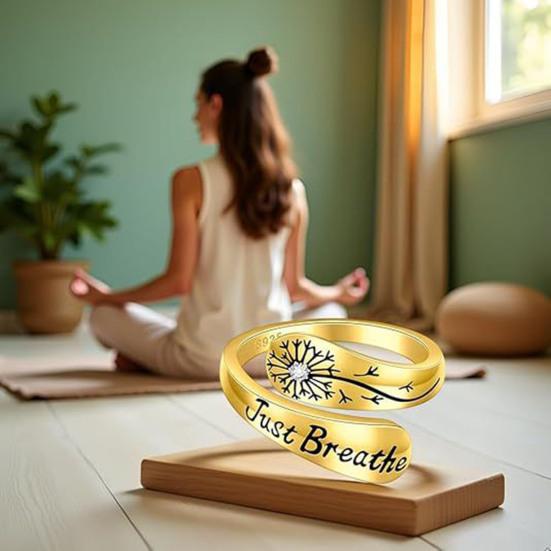 Just Breathe Dandelion Ring Adjustable Zinc Alloy Hope Ring Inspirational Dandelion Ring Encouragement Gift for Women Mother's Day Birthday