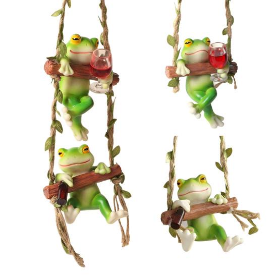 Frog on A Swing Ornament Compact Resin with Hemp Rope Hanging Decor Relaxing Garden Table Decorations for Indoor Outdoor