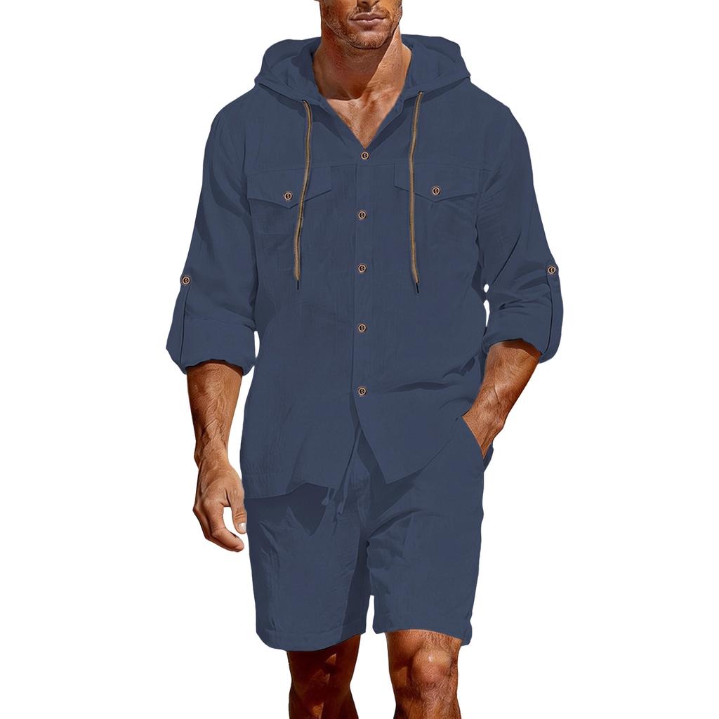 Men's Casual Linen Blend Two Piece Set with Long Sleeve Hooded Button Down Shirt and Drawstring Shorts for Summer Beachwear