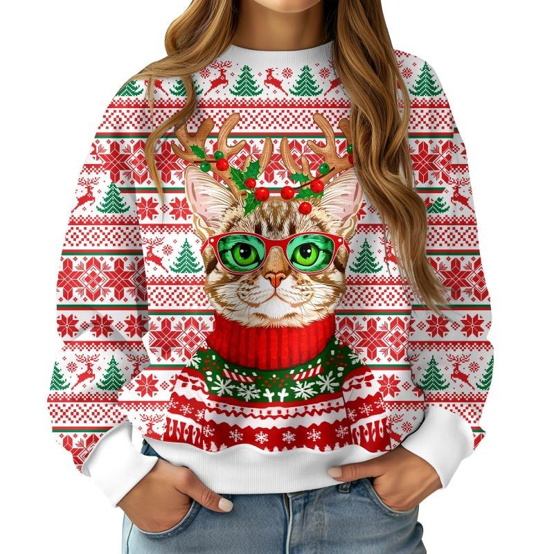 

Christmas Round Neck Long Sleeved Pullover Comfortable Warm Loose 3D Printed Cute Santa Claus Snowflake Pullover 6XL