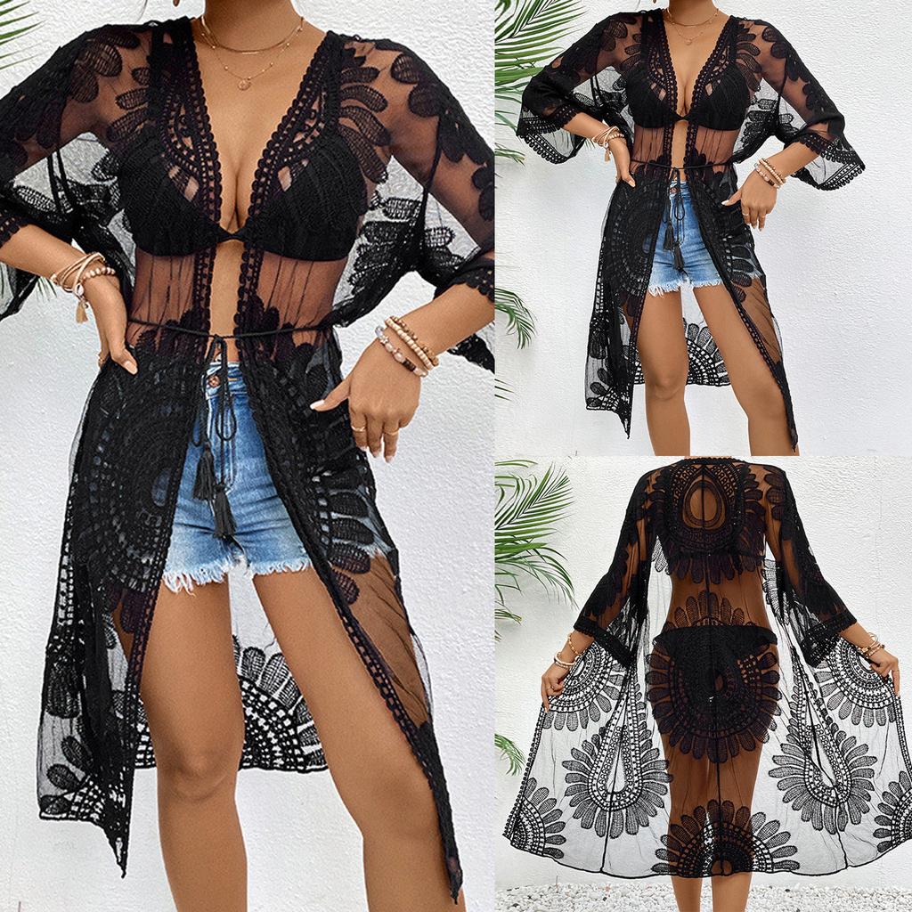 Damen Bikini Cover Up Blumenstickerei Durchsichtige Spitze Strand Kimono für Badeanzug Badeanzug Sommerkleidung