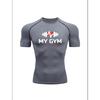Men'S "My Gym" Dumbbell Heartbeat Compression Workout Shirt, Grey Quick Dry Short Sleeve Gym Tee, Fitness Lifestyle Training Top