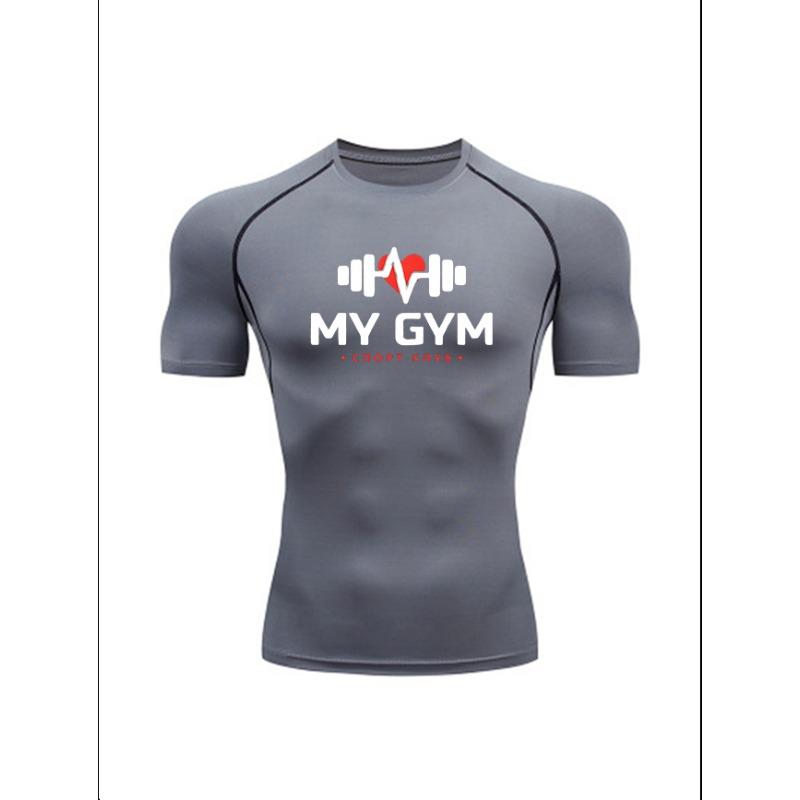 Men S My Gym Dumbbell Heartbeat Compression Workout Shirt, Grey Quick Dry Short Sleeve Gym Tee, Fitness Lifestyle Training Top S