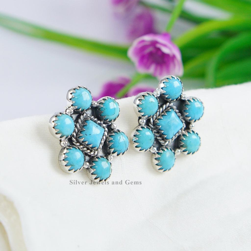 Arizona Turquoise 925 Sterling Silver Cluster Stud Earrings