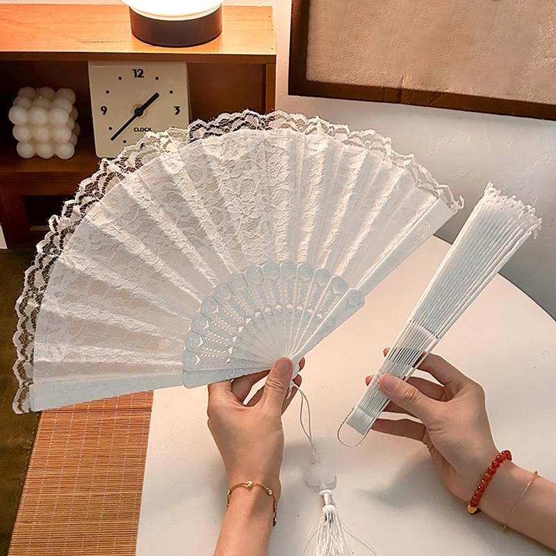 Folding Fan Lace Flower Decor Chinese Style Fan Hand Held Anitque Art Craft Japnese Summer Female Dance Home Party Decoration