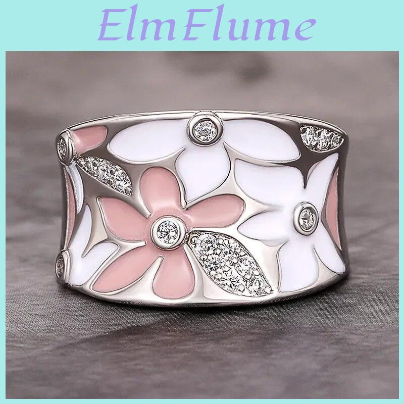 Aesthetic Flower Enamel Huitan Finger Ring For Women Wedding Party New 2023 Ring Silver Color Luxury Cubic Zirconia Jewelry Gift