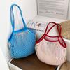 Spring Dopamine Contrasting Color Beach Bag Mesh Pocket Hollow Woven Bag Island Vacation Picnic Travel Shoulder Handbag