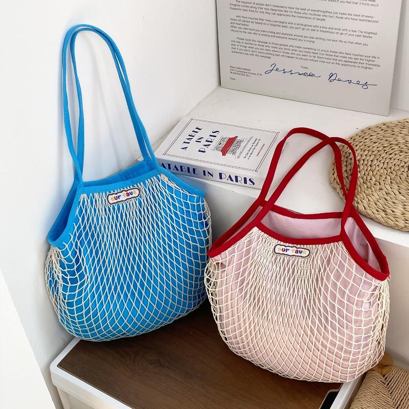 Spring Dopamine Contrasting Color Beach Bag Mesh Pocket Hollow Woven Bag Island Vacation Picnic Travel Shoulder Handbag